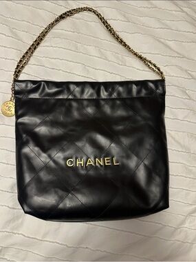 CC Black Quilted Leather Shoulder Bag with Gold Hardware